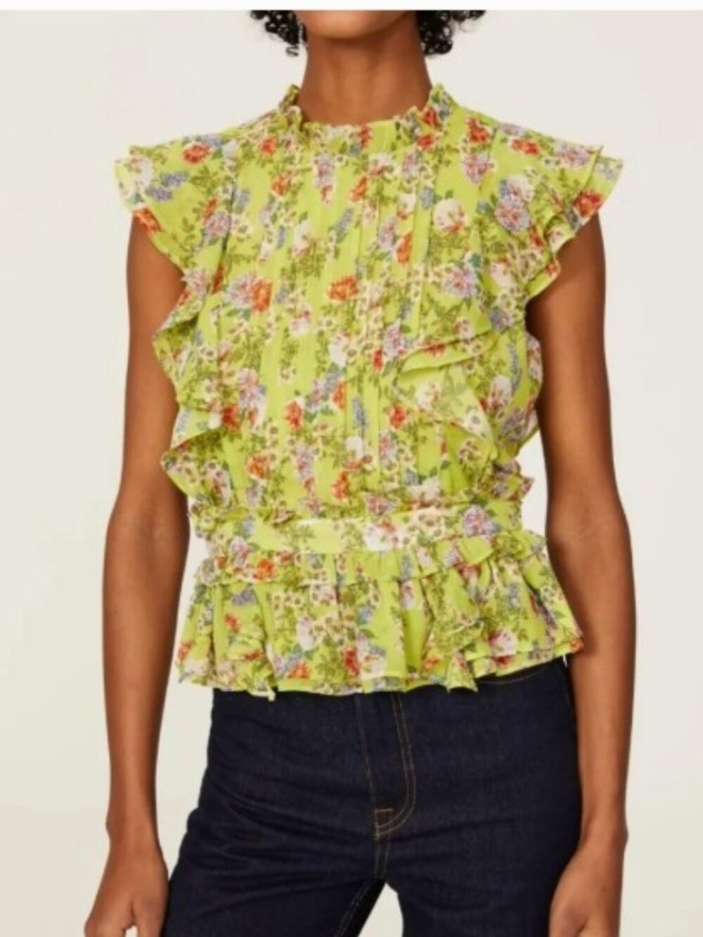 Marissa Webb Yellow Green Floral Pleated Ruffle Flutter Sleeve Blouse Top Sz